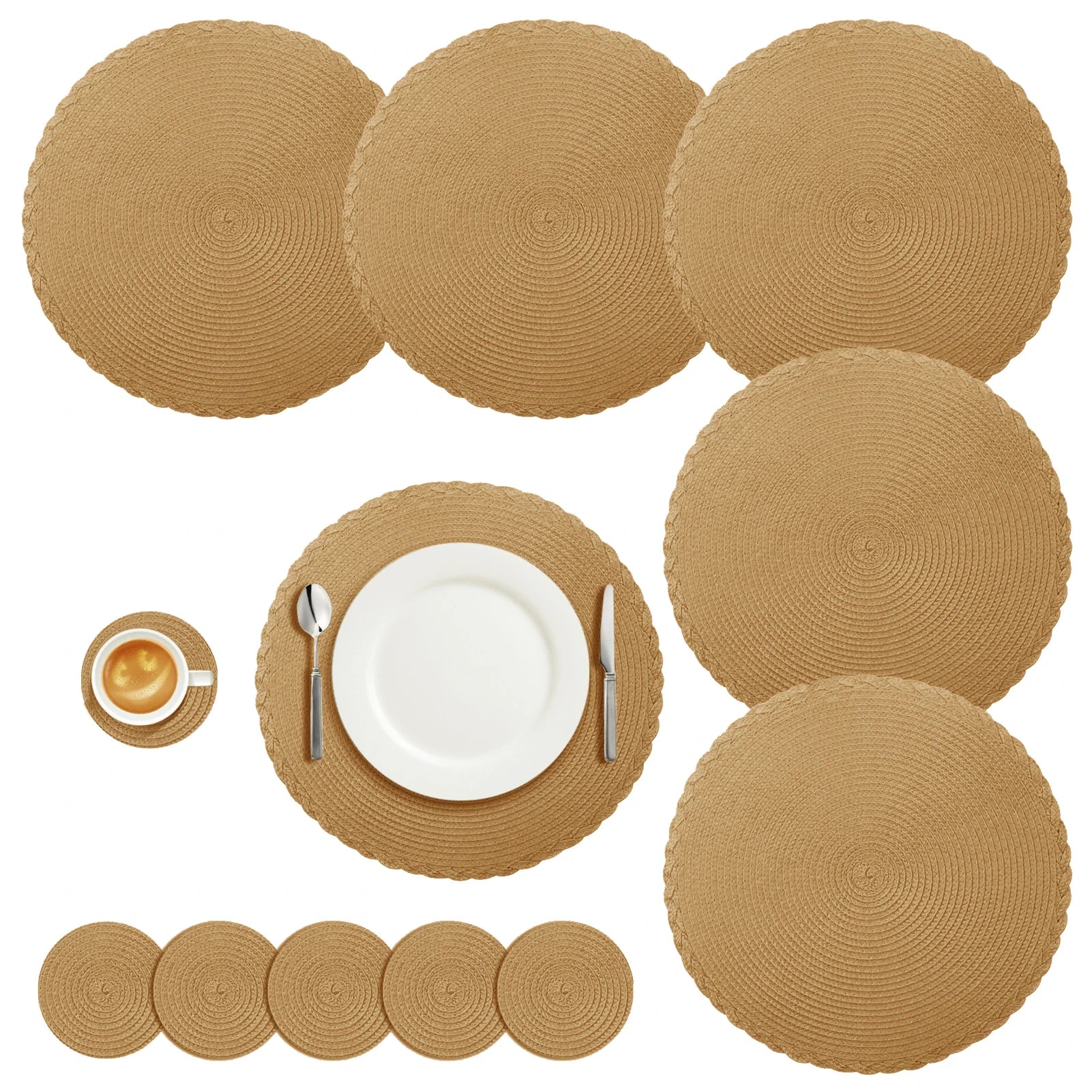 Set of 12 Round Braided Table Mat Washable Placemats Non Slip Heat Resistant for Kitchen Dining Tables Pad With Cup Coasters