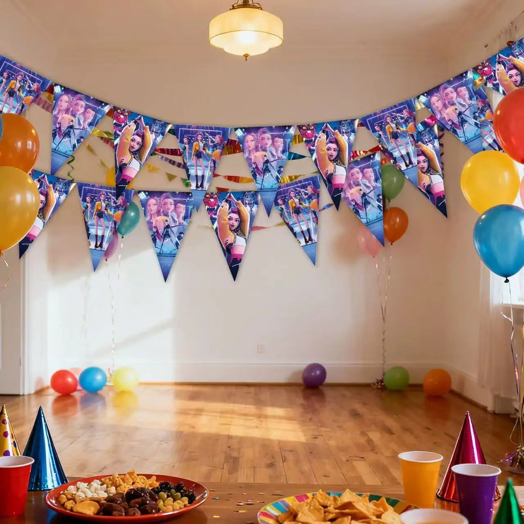 New Anime Demon Hunters Kpop Birthday Decoration Backdrop Ballon Kpop Happy Birthday Theme Plate Cup Napkin Cake Decor For Girl