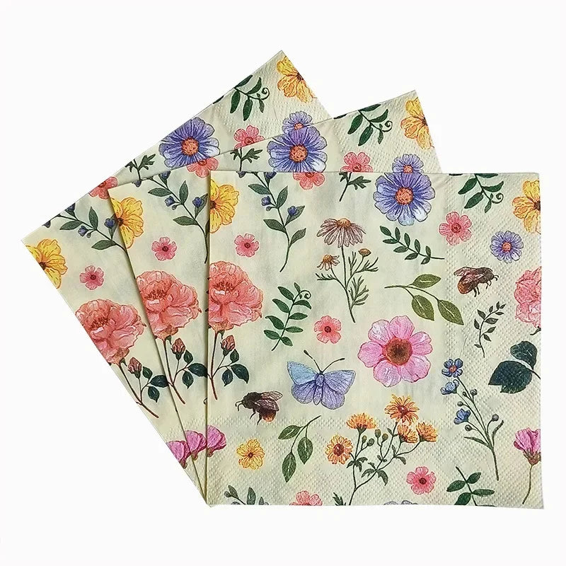 10/20pcs 33cm 2Ply Colourful Floral Napkins Valentine's Day Wedding Paper Butterfly Bart Paper Wine Glass Flower Paper Placemats