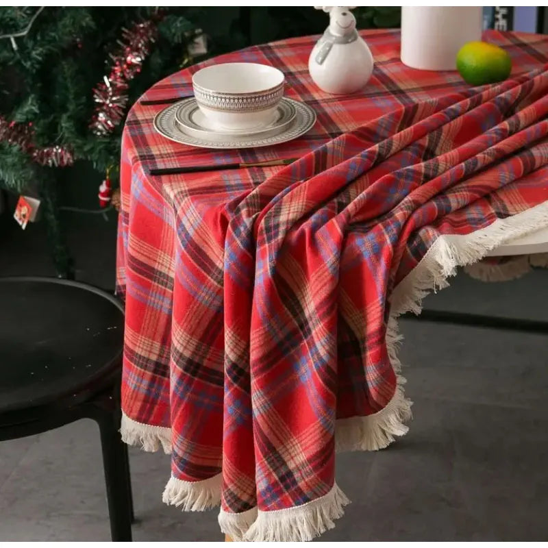 Cotton Christmas plaid tablecloth, soft plaid tassel tablecloth, washable round tablecloth, Christmas decoration