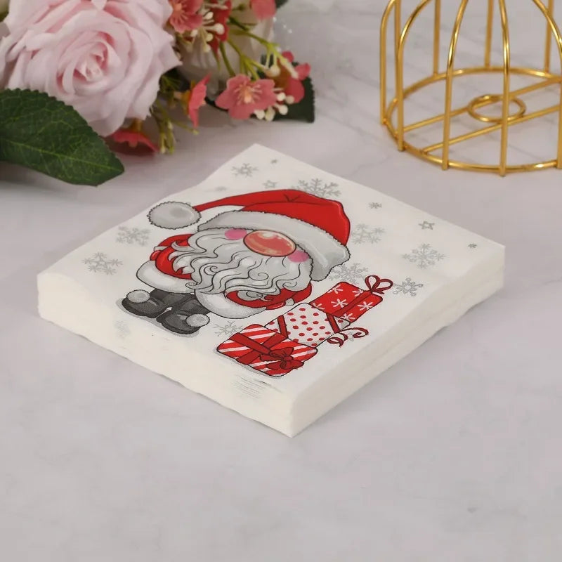 20pcs 25cm 3Layer New Cartoon White Bearded Christmas Hat, Santa Claus Napkins, Party Table, Wood Pulp Paper DIY Decoupage Paper