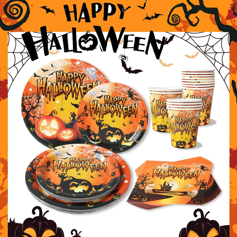 Halloween Them Party Decoration Set Halloween Pumpkins Tableware for Festival Paper Tableware Plate Napkin Towel Tissue Cup 2025