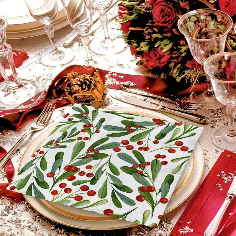 Christmas Napkins - 3-Ply Disposable Festive Berry & Pine Design with Red Berries, For Holiday Parties, Weddings, Home Decor