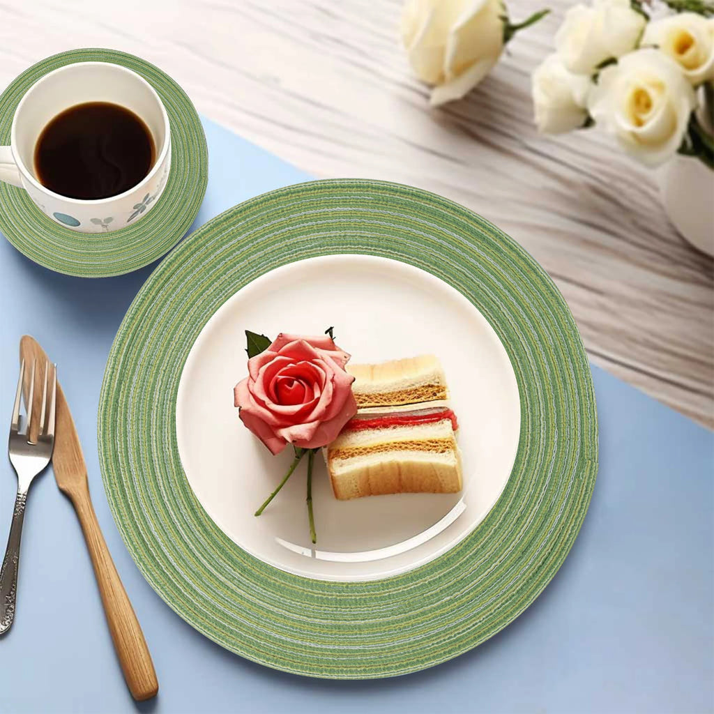 Set of 12 Round Braided Table Mat Washable Placemats Non Slip Heat Resistant for Kitchen Dining Tables Pad With Cup Coasters