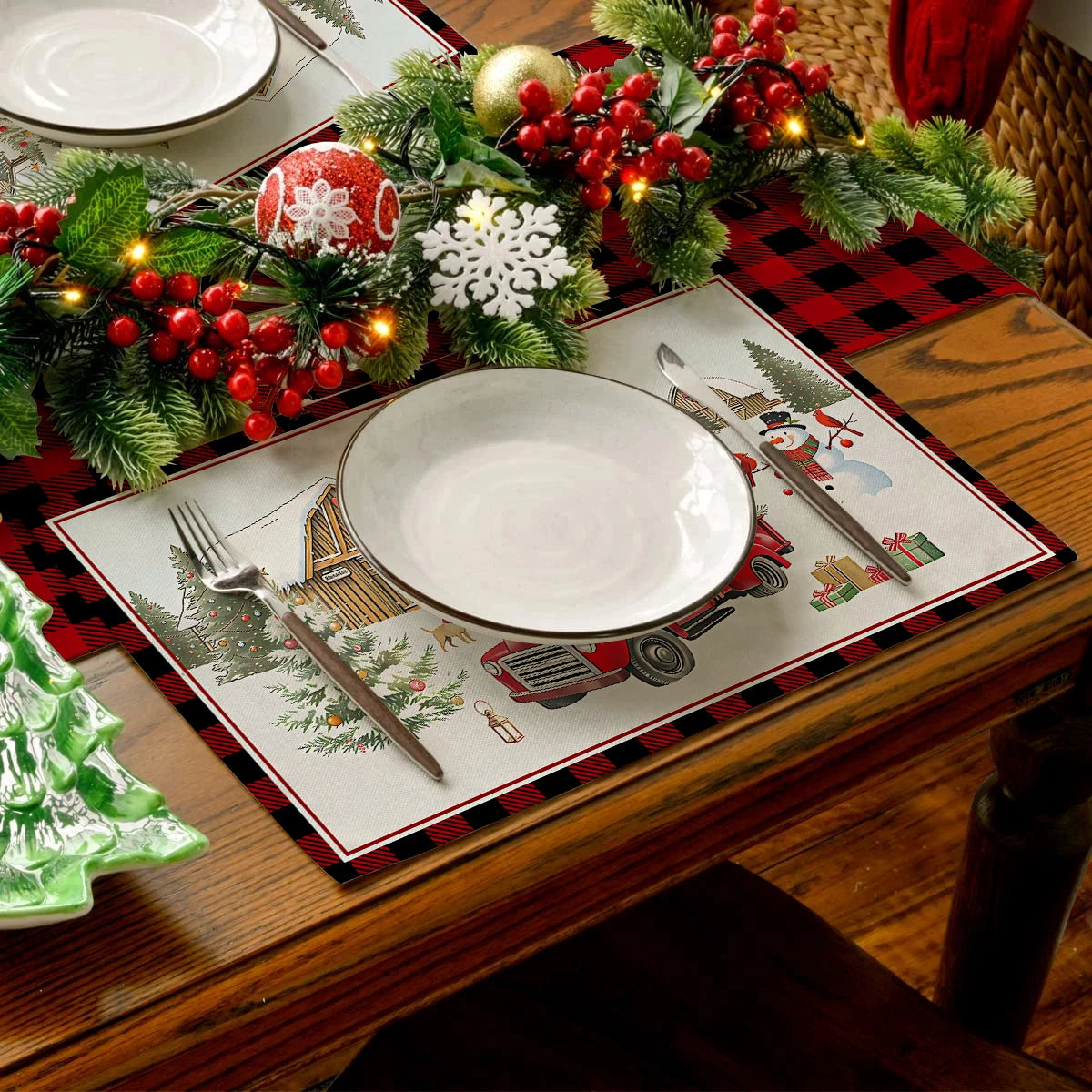 1/4/6pcs Christmas placemat, retro Christmas tree Santa Claus pattern dining table anti slip insulation mat,