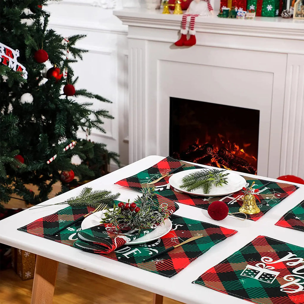 Christmas Meal Mat Christmas Decor Meal Mat Linen Printed Fabric Placemats Snowman Goblin Santa Tree Snowflake Desktop Decor