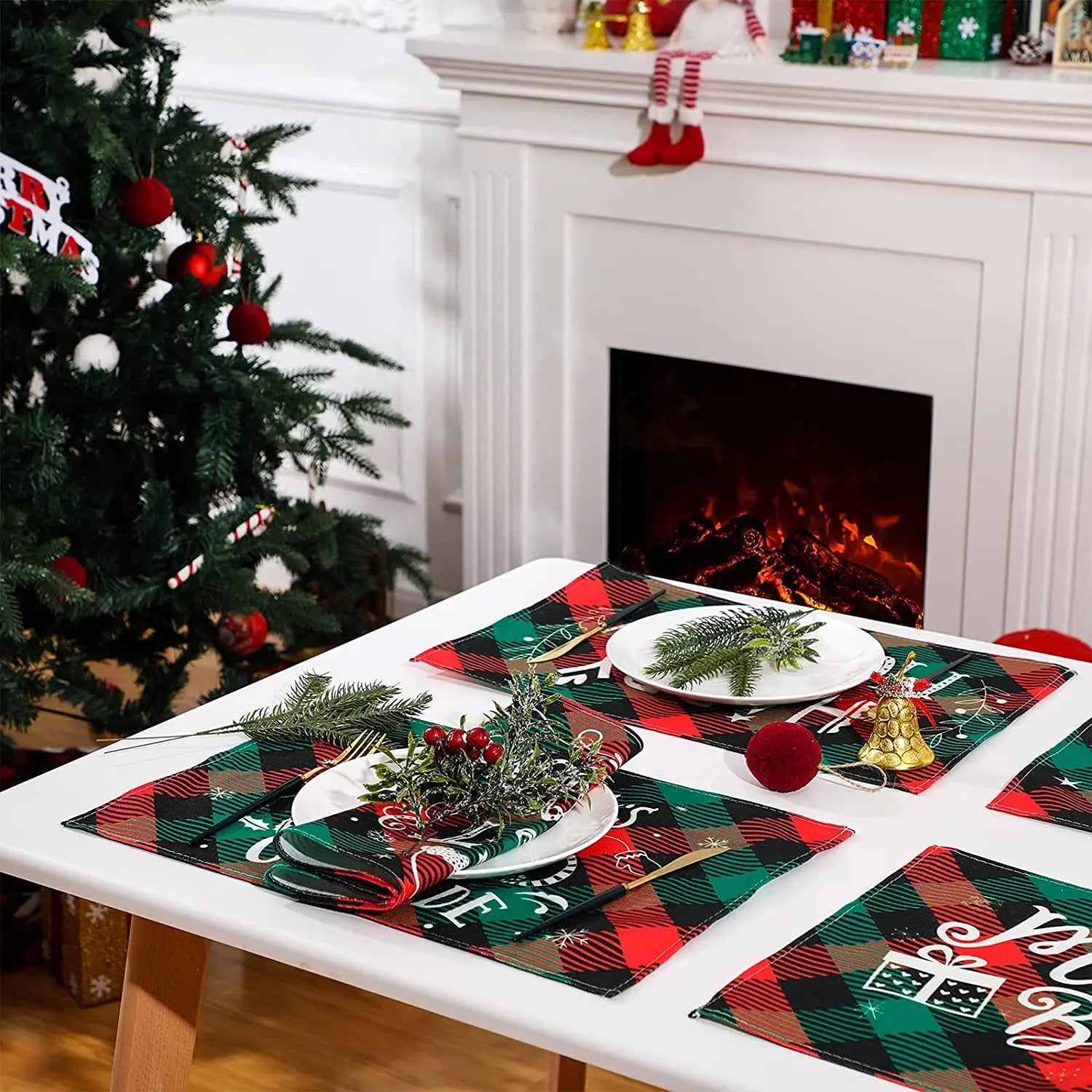 Christmas Meal Mat Christmas Decor Meal Mat Linen Printed Fabric Placemats Snowman Goblin Santa Tree Snowflake Desktop Decor