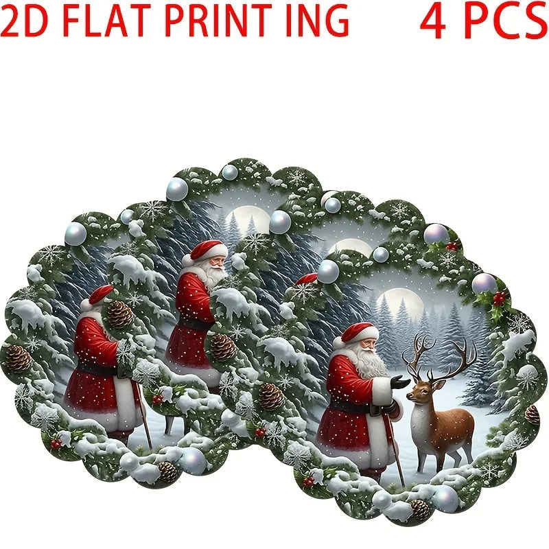 4pcs Christmas Santa Claus & Reindeer Placemats Set - 2D Flat Print,  Hand Wash Only, Festive Holiday Design with Snowflakes