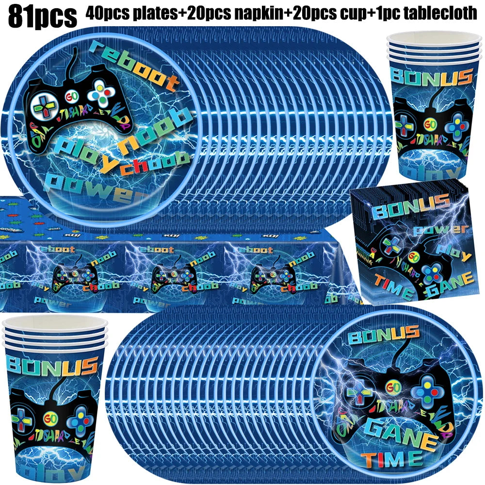 Video Game Birthday Party Favors New Paper Black White Blue Tableware Happy Birthday Plates Napkins Background Decorations Kits