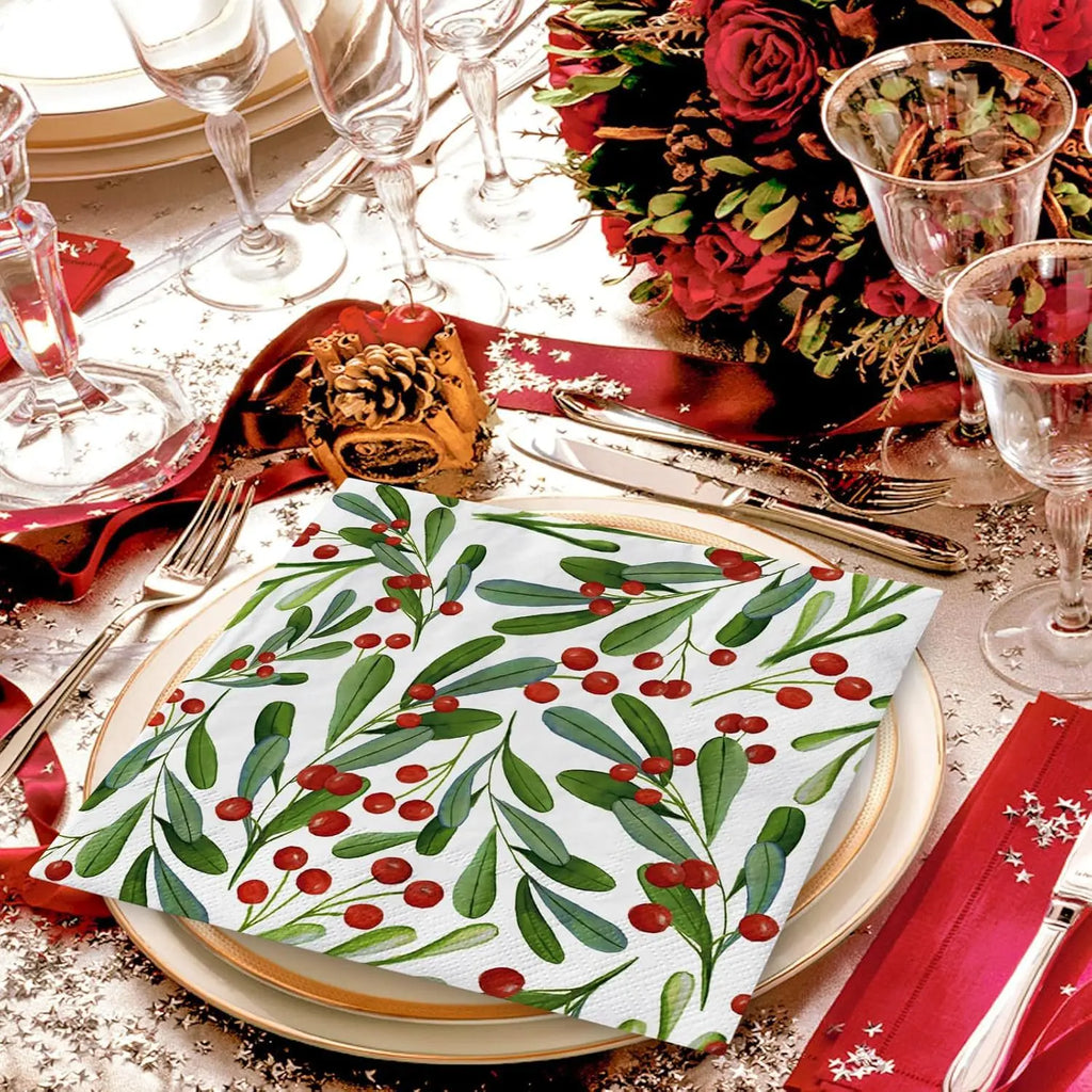 Christmas Napkins - 3-Ply Disposable Festive Berry & Pine Design with Red Berries, For Holiday Parties, Weddings, Home Decor