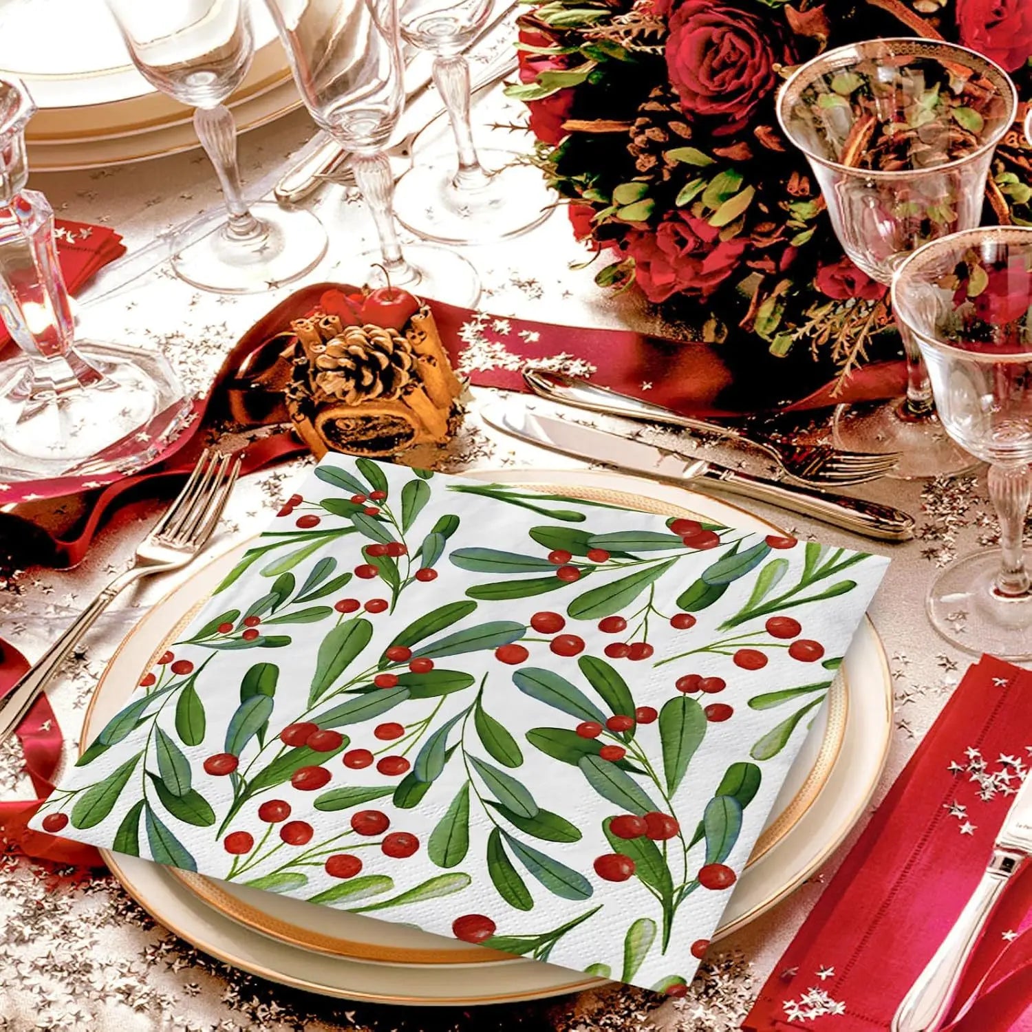 Christmas Napkins - 3-Ply Disposable Festive Berry & Pine Design with Red Berries, For Holiday Parties, Weddings, Home Decor