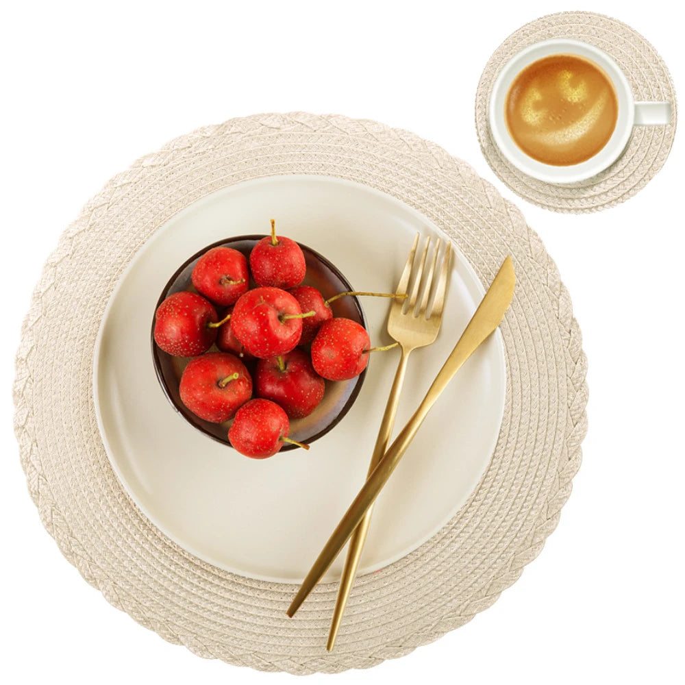 Set of 6 Round Braided Placemats 34CM Table Mats for Dining Tables Christmas Halloween Woven Washable Non-Slip Place mats