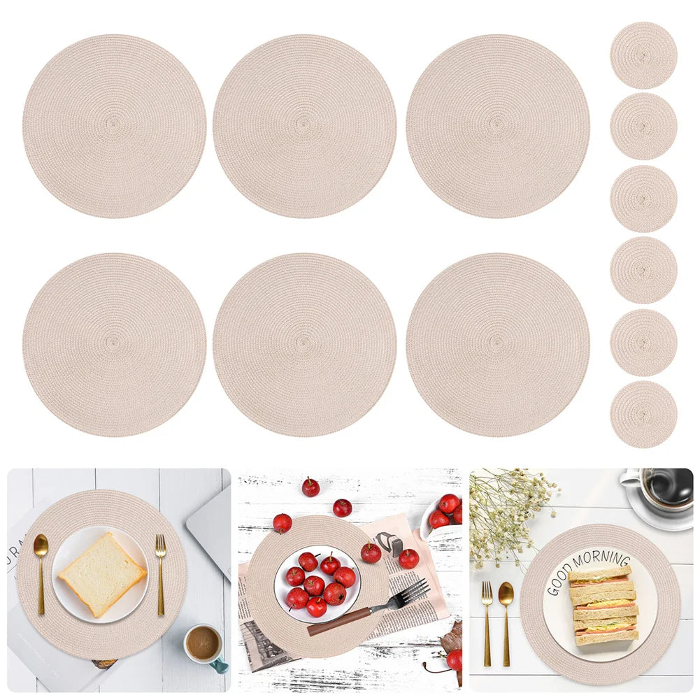 Set of 12 Round Braided Table Mat Washable Placemats Non Slip Heat Resistant for Kitchen Dining Tables Pad With Cup Coasters