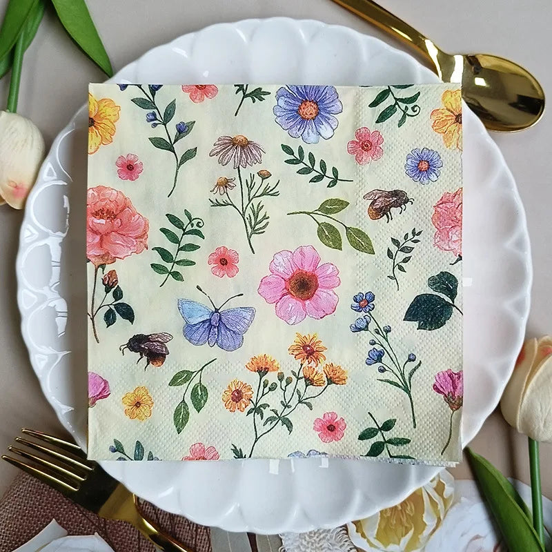 10/20pcs 33cm 2Ply Colourful Floral Napkins Valentine's Day Wedding Paper Butterfly Bart Paper Wine Glass Flower Paper Placemats