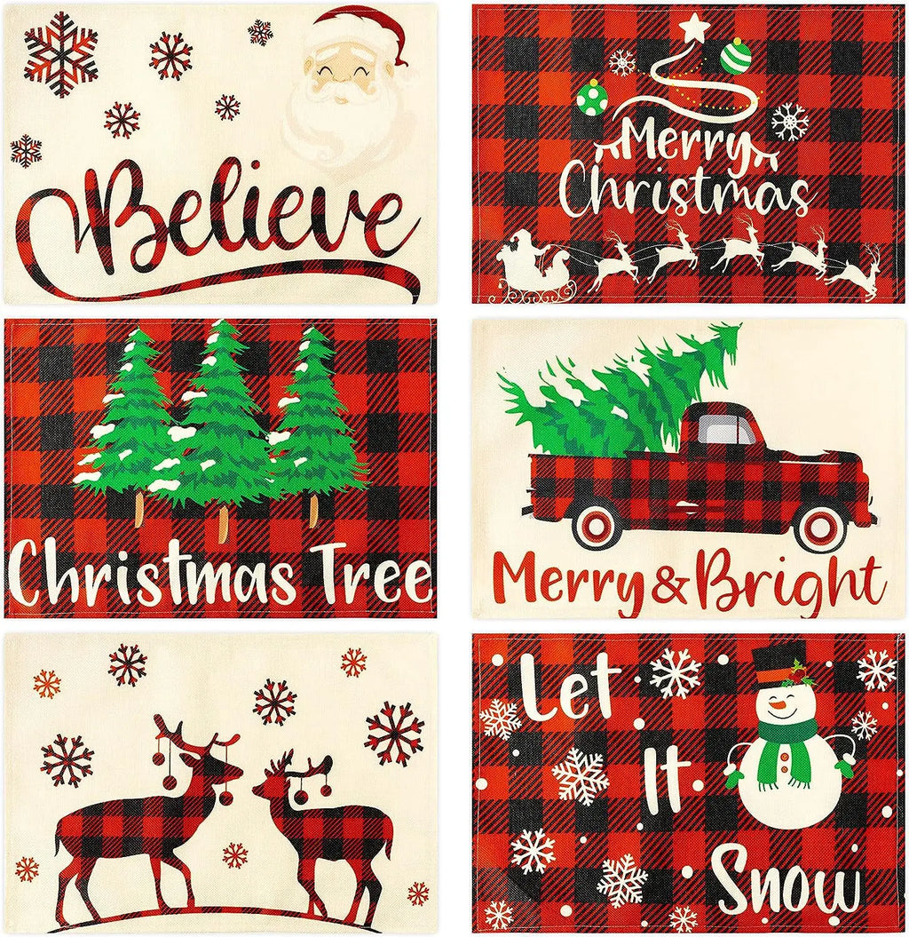 Christmas Meal Mat Christmas Decor Meal Mat Linen Printed Fabric Placemats Snowman Goblin Santa Tree Snowflake Desktop Decor
