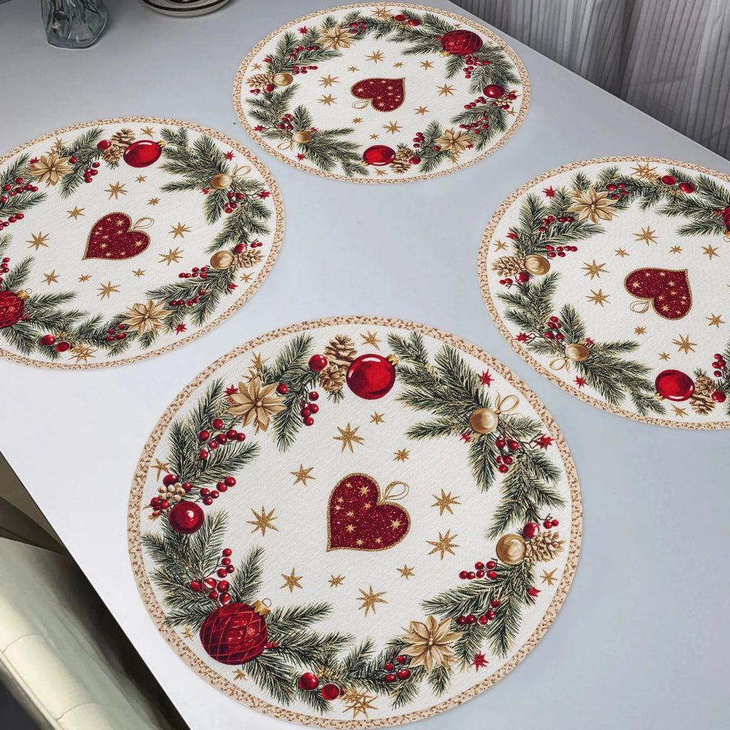 VIKAMA 4PC Christmas Round Placemats Red Background Snowflakes Holly Berries Waterproof Family Dinner Cafe Decoration