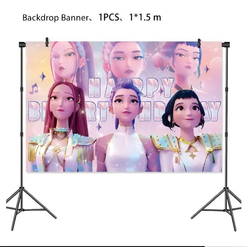 New Anime Demon Hunters Kpop Birthday Decoration Backdrop Ballon Kpop Happy Birthday Theme Plate Cup Napkin Cake Decor For Girl