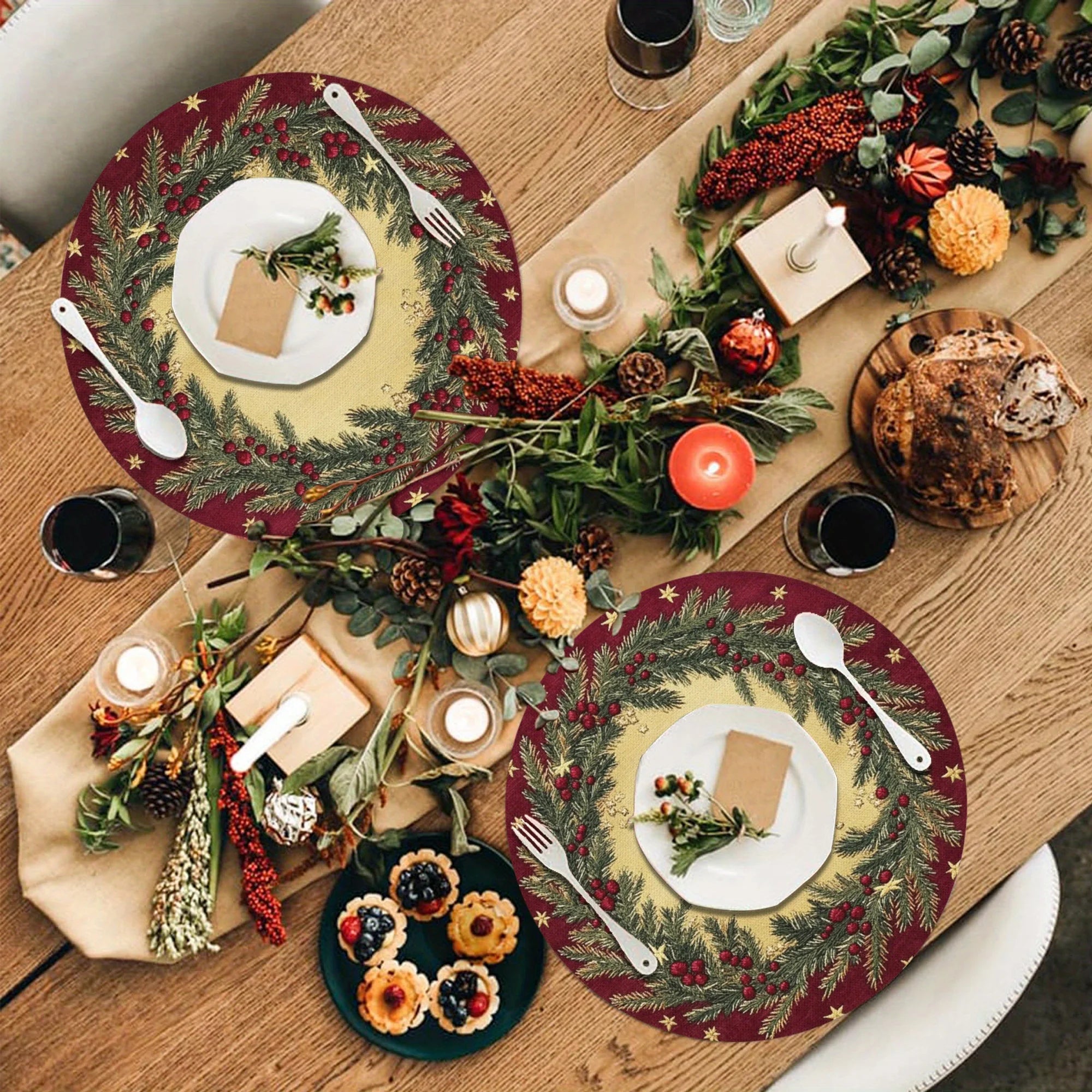 VIKAMA 4-Piece American-Style Christmas Pine Branch Placemats Dinner Table Decor Accessories Party Decorations