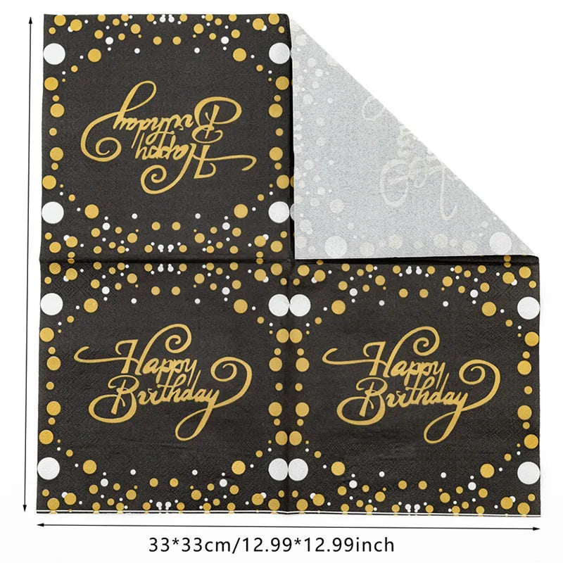 Birthday Party Colorful Printing Napkins Square Paper Napkins Gold Lettering on Black Background Paper Placemats 20/40pcs