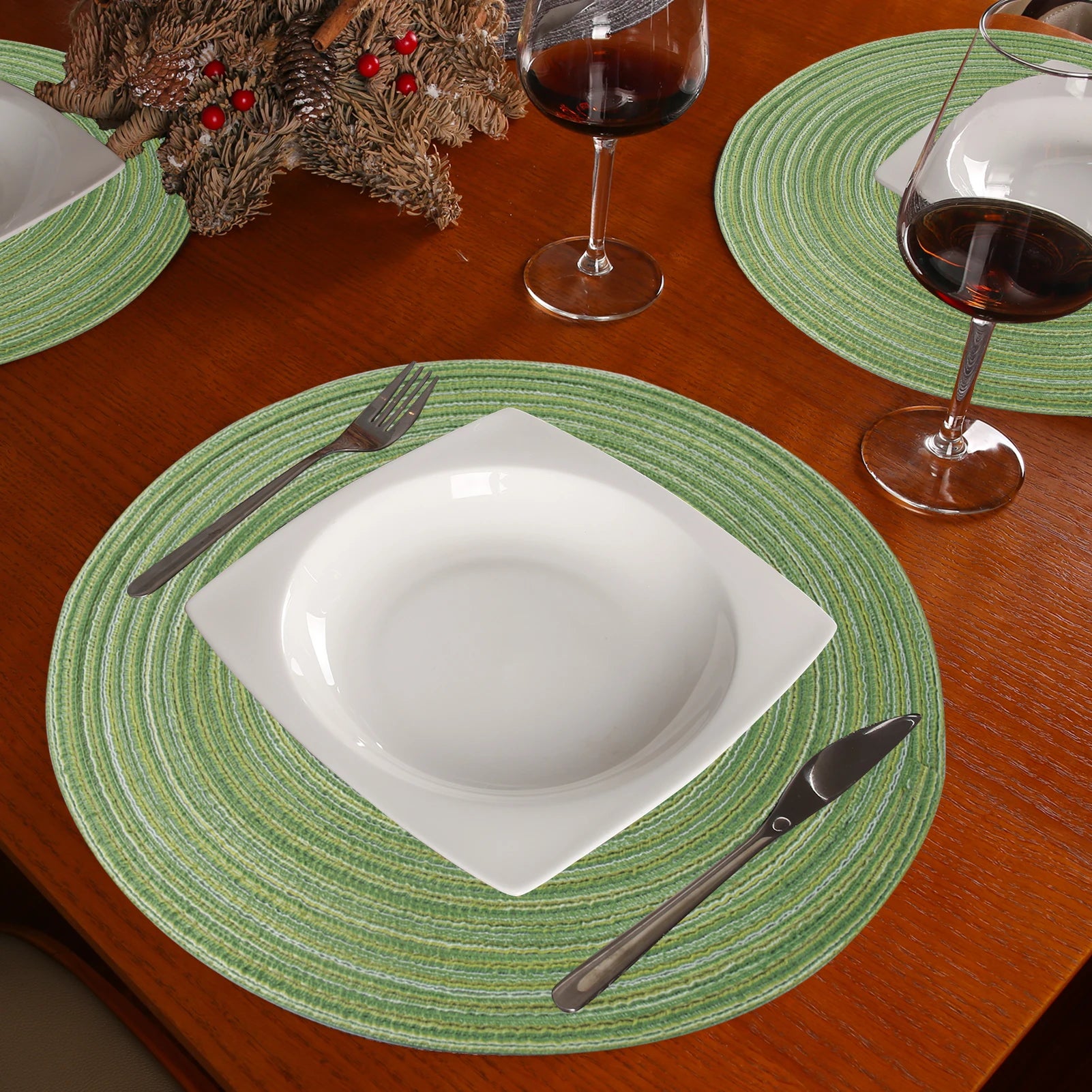 Set of 12 Round Braided Table Mat Washable Placemats Non Slip Heat Resistant for Kitchen Dining Tables Pad With Cup Coasters