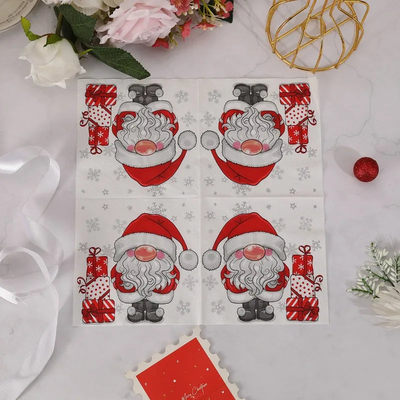 20pcs 25cm 3Layer New Cartoon White Bearded Christmas Hat, Santa Claus Napkins, Party Table, Wood Pulp Paper DIY Decoupage Paper