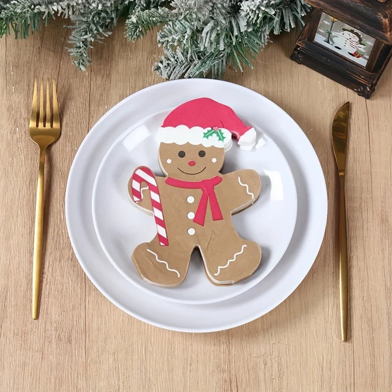 20pcs Gingerbread for Shaped Paper Napkins - Brown Disposable Tissue Napkins with Festive Christmas & New Year Decorations
