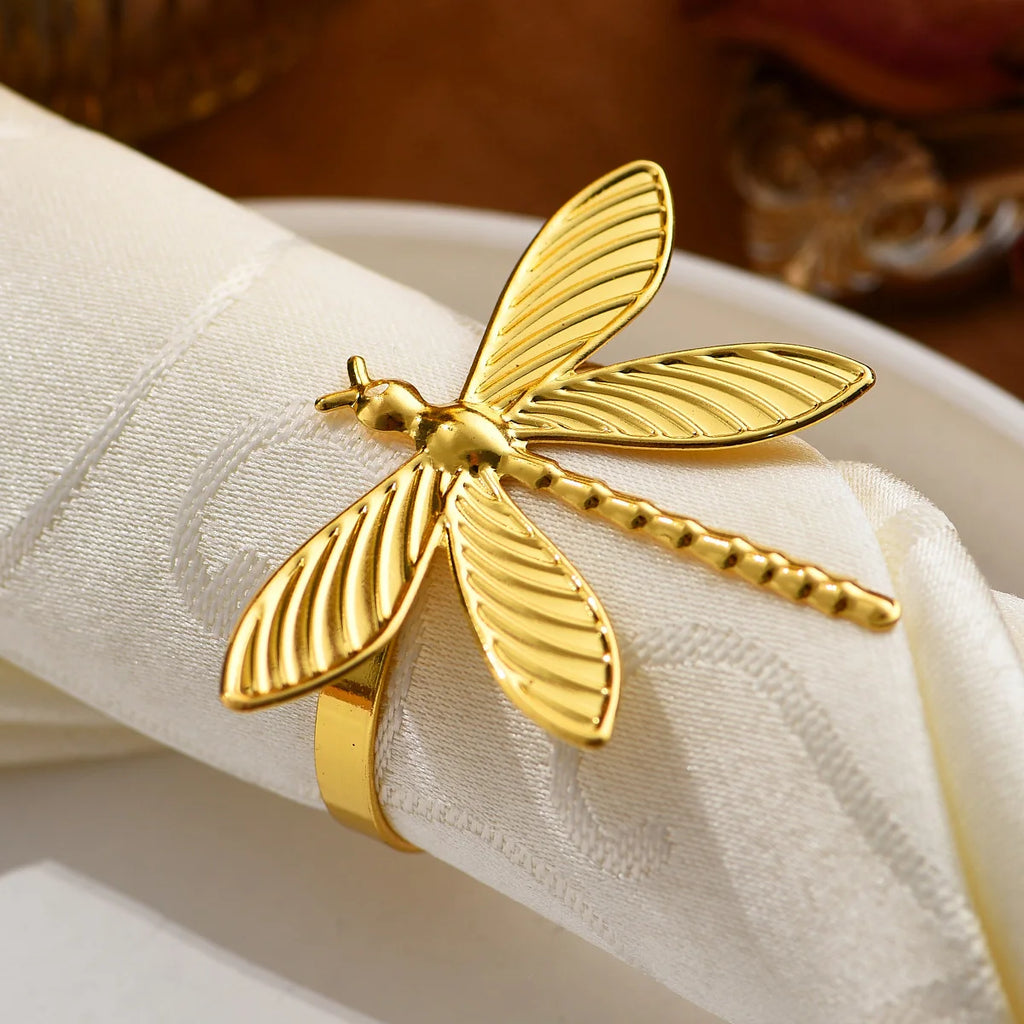 6pcs Napkin Rings Set for Christmas, Gold Silvery Dragonfly Metal Home Table Decorations, for Christmas Wedding Holiday Banquet