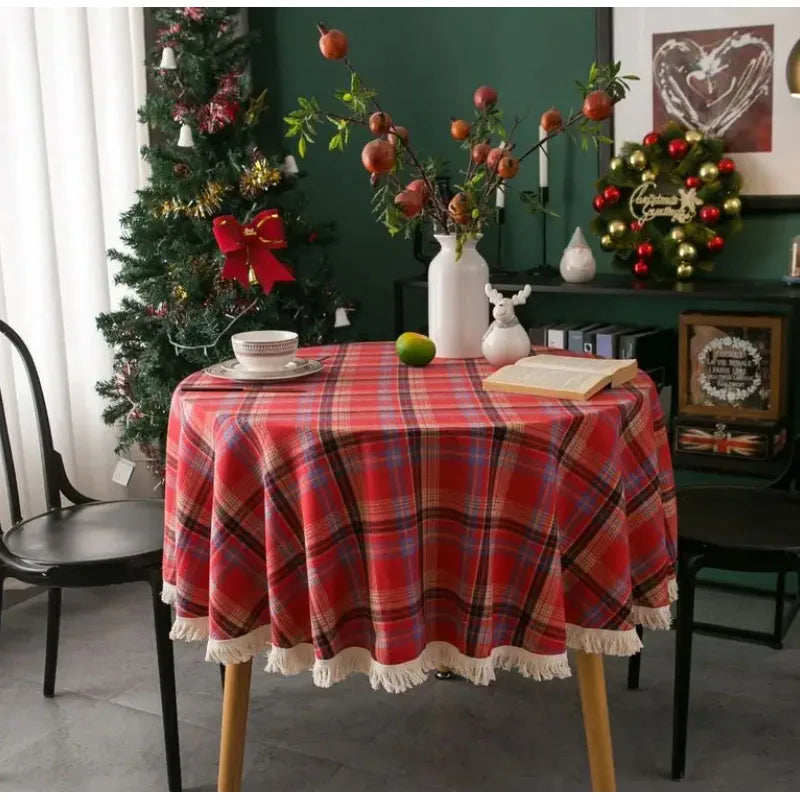 Cotton Christmas plaid tablecloth, soft plaid tassel tablecloth, washable round tablecloth, Christmas decoration