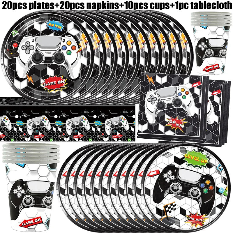 Video Game Birthday Party Favors New Paper Black White Blue Tableware Happy Birthday Plates Napkins Background Decorations Kits