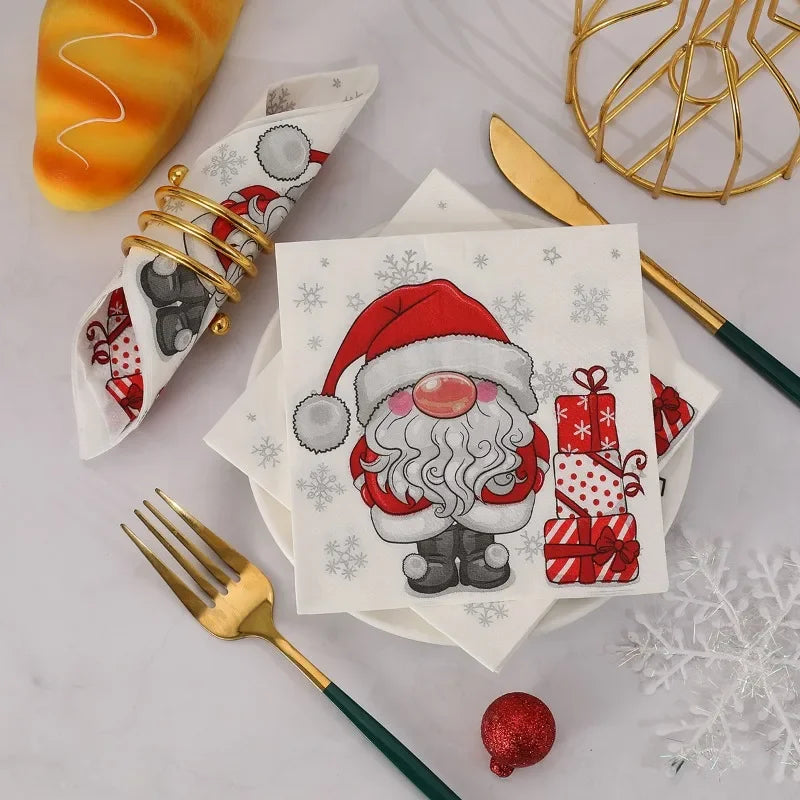 20pcs 25cm 3Layer New Cartoon White Bearded Christmas Hat, Santa Claus Napkins, Party Table, Wood Pulp Paper DIY Decoupage Paper