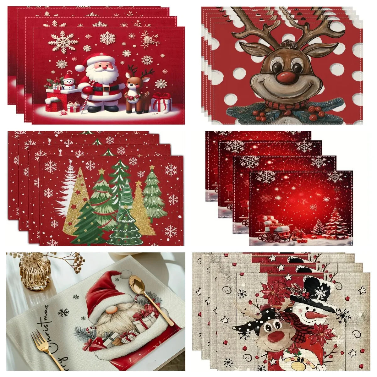 1/6PC Festive Linen Table Mats, Christmas Independence Day Placemats, Dinner Party, Washable Dining Accessories
