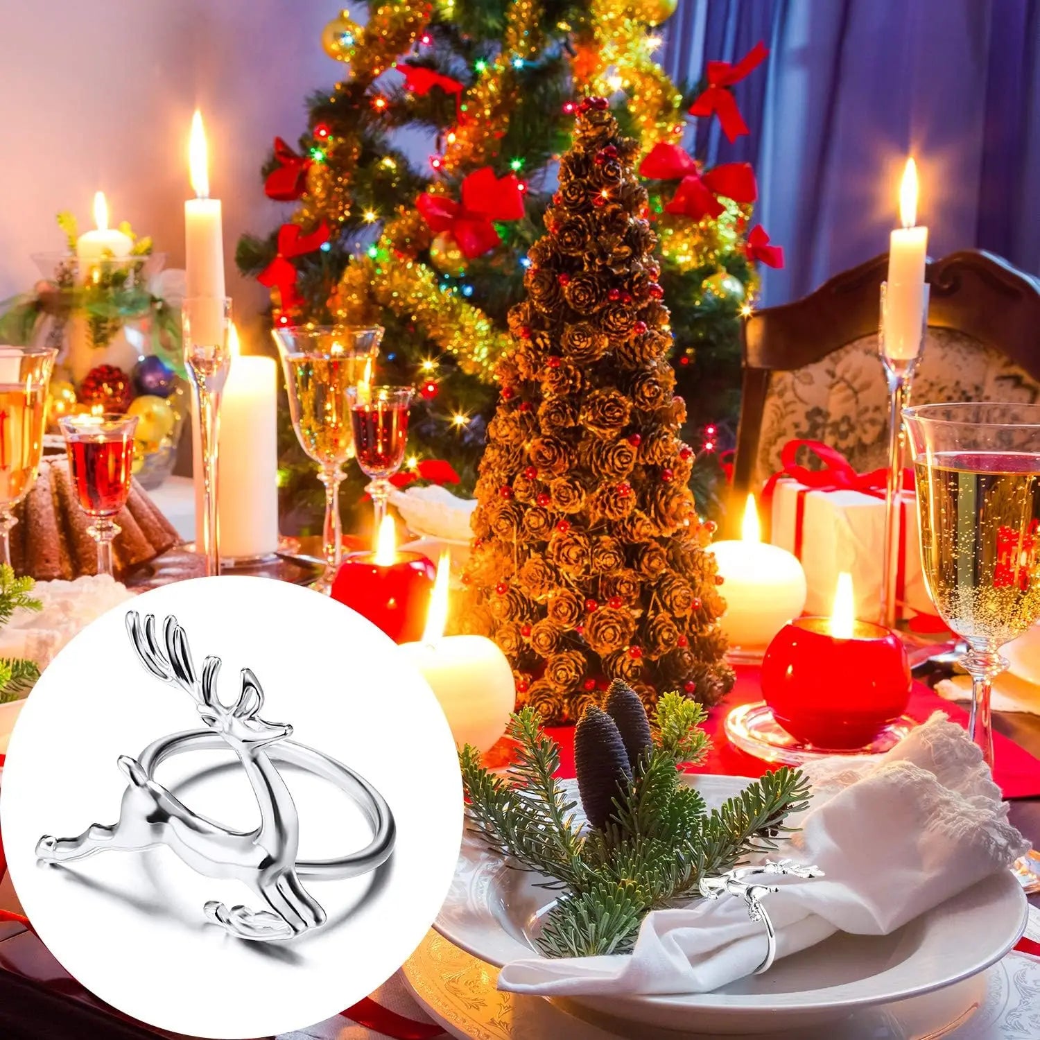 Deer Napkin Rings Silver Christmas Antler Reindeer Buckle for Cloth Napkins Holiday Dinners PartiesTable Decoration Accessories