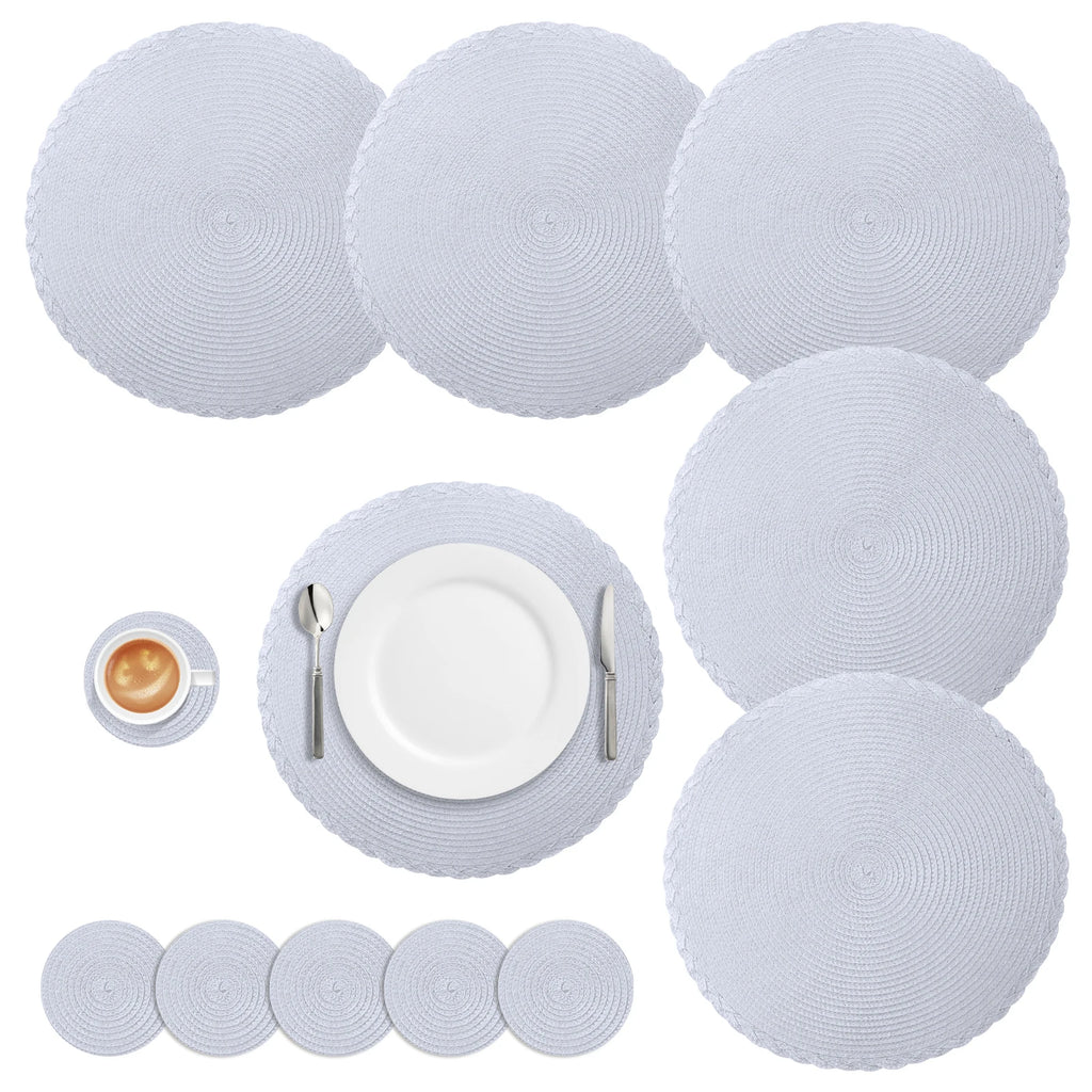 Set of 12 Round Braided Table Mat Washable Placemats Non Slip Heat Resistant for Kitchen Dining Tables Pad With Cup Coasters