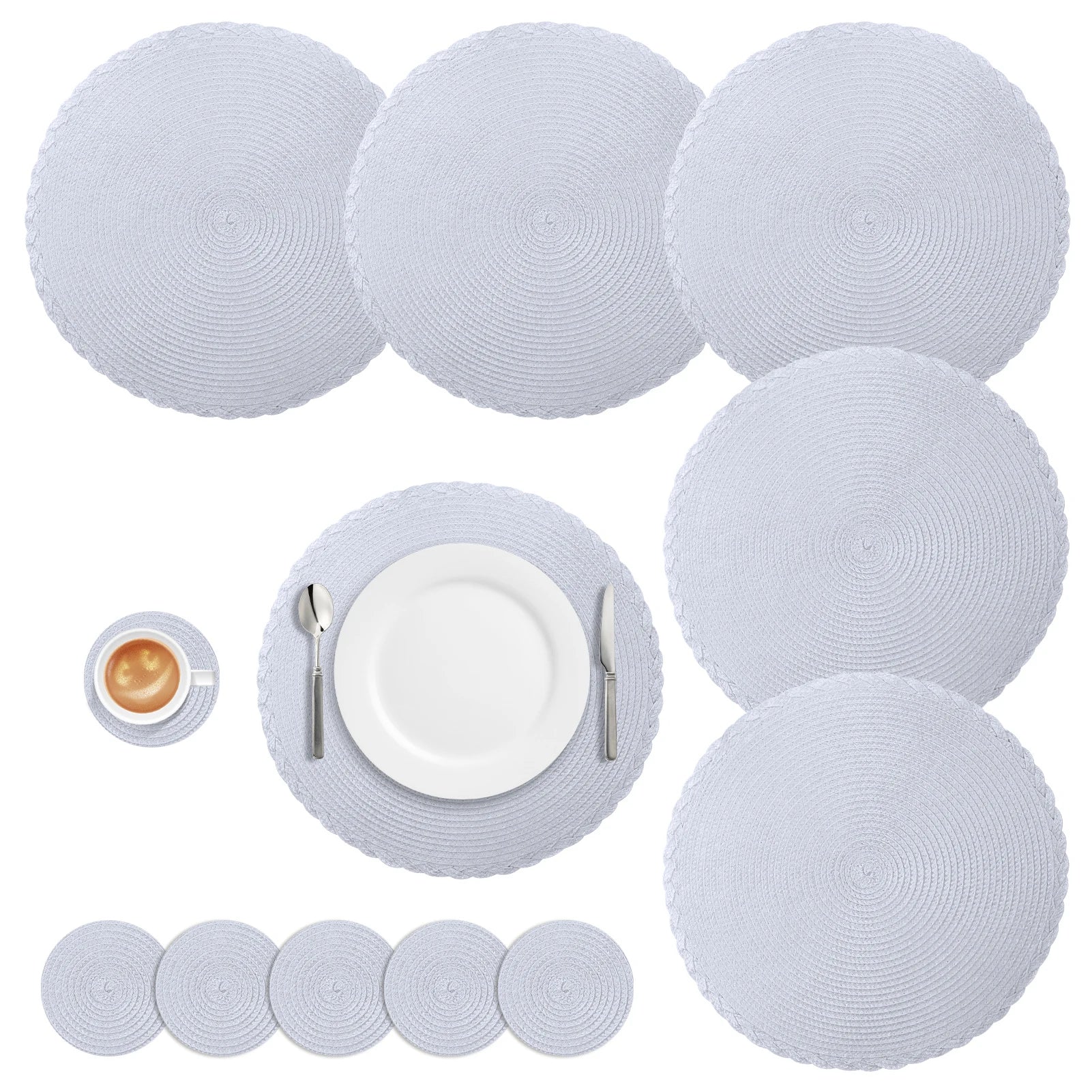 Set of 12 Round Braided Table Mat Washable Placemats Non Slip Heat Resistant for Kitchen Dining Tables Pad With Cup Coasters