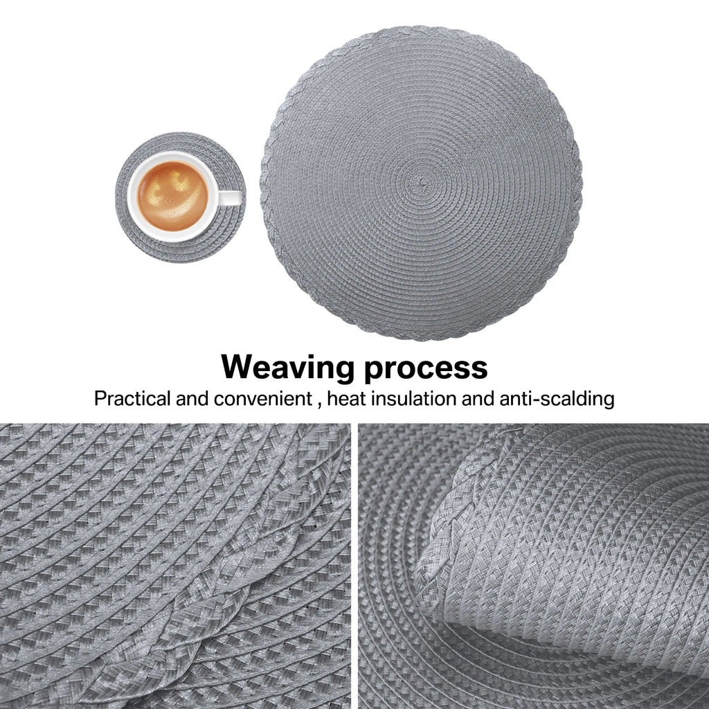 Set of 12 Round Braided Table Mat Washable Placemats Non Slip Heat Resistant for Kitchen Dining Tables Pad With Cup Coasters