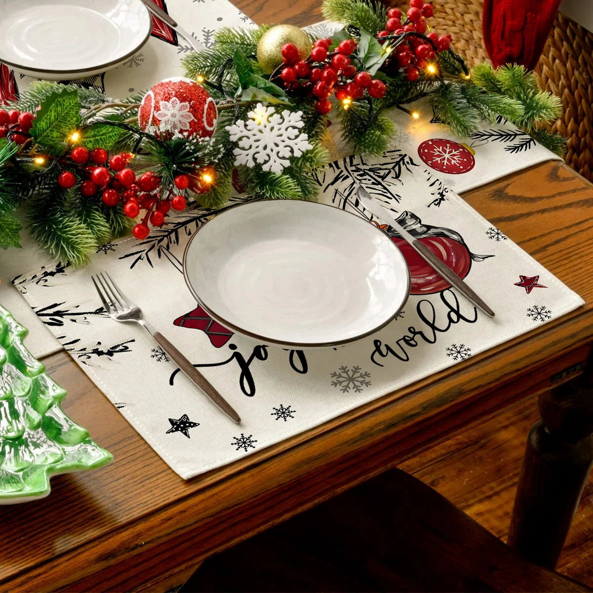 1/4/6pcs Christmas red snowflakes, Christmas tree design placemats, Christmas family party table decoration placemats,