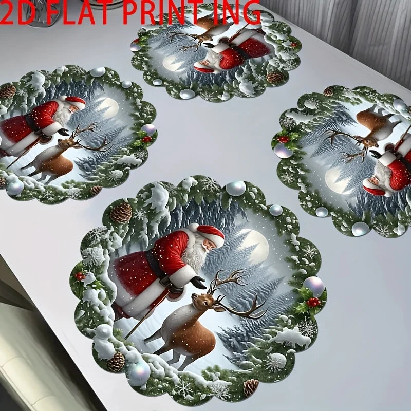 4pcs Christmas Santa Claus & Reindeer Placemats Set - 2D Flat Print,  Hand Wash Only, Festive Holiday Design with Snowflakes