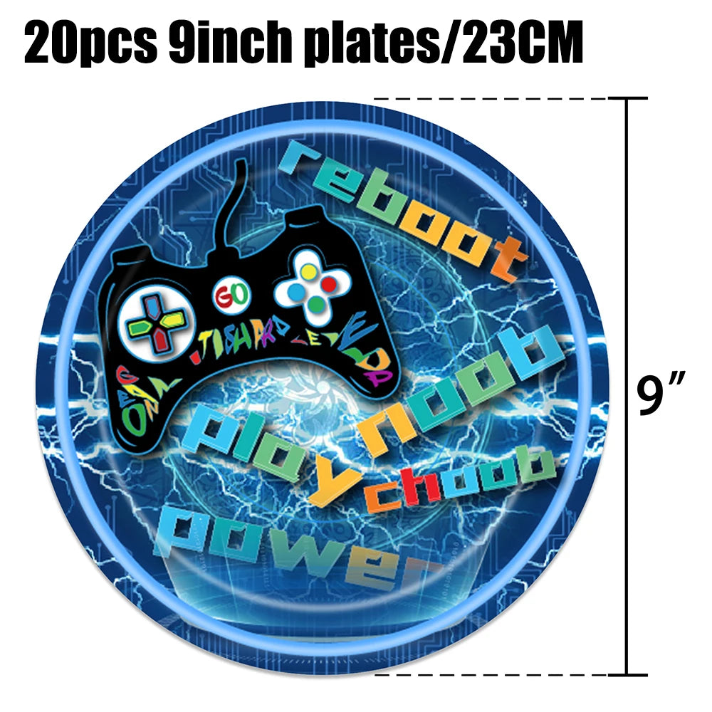 Video Game Birthday Party Favors New Paper Black White Blue Tableware Happy Birthday Plates Napkins Background Decorations Kits