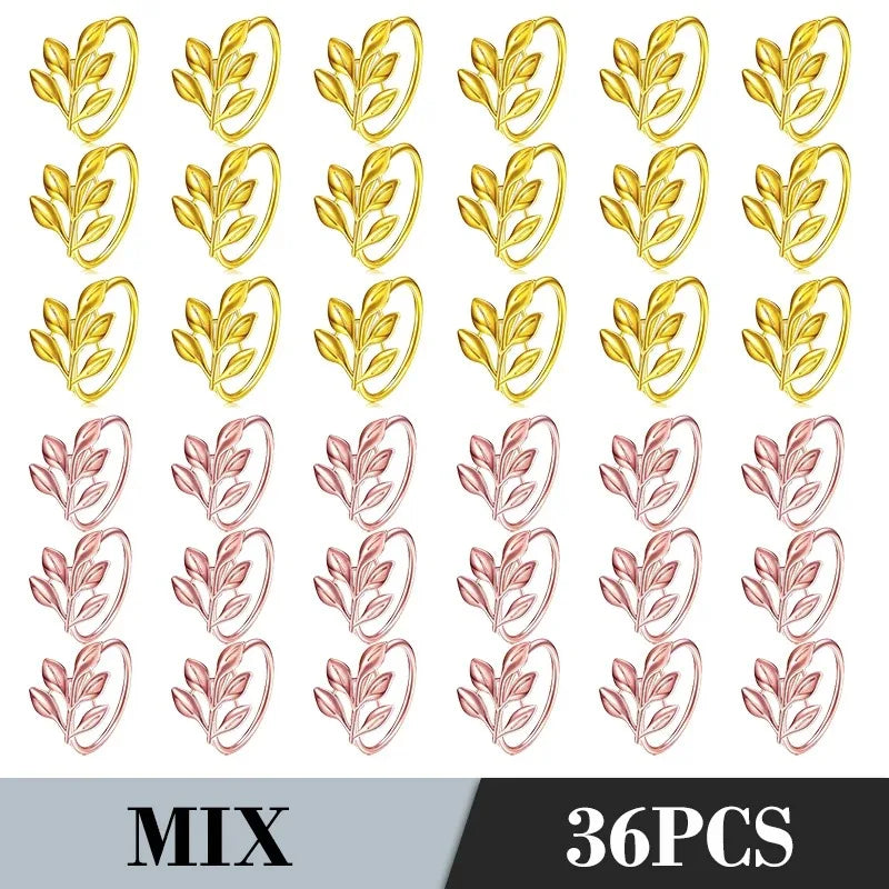 36PCS Vintage Style Leaf Napkin Ring Elegant Tricolor Leaf Napkin Buckle Birthday Wedding Party Banquet Table Decoration