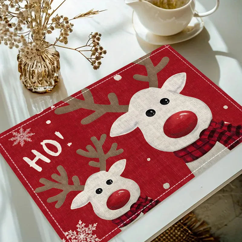 Christmas Linen Placemat Table Coffee Mat Red Nose Reindeer Snowflake Merry Xmas HO! Holly Leaf Ball Plaid Decorative Coasters